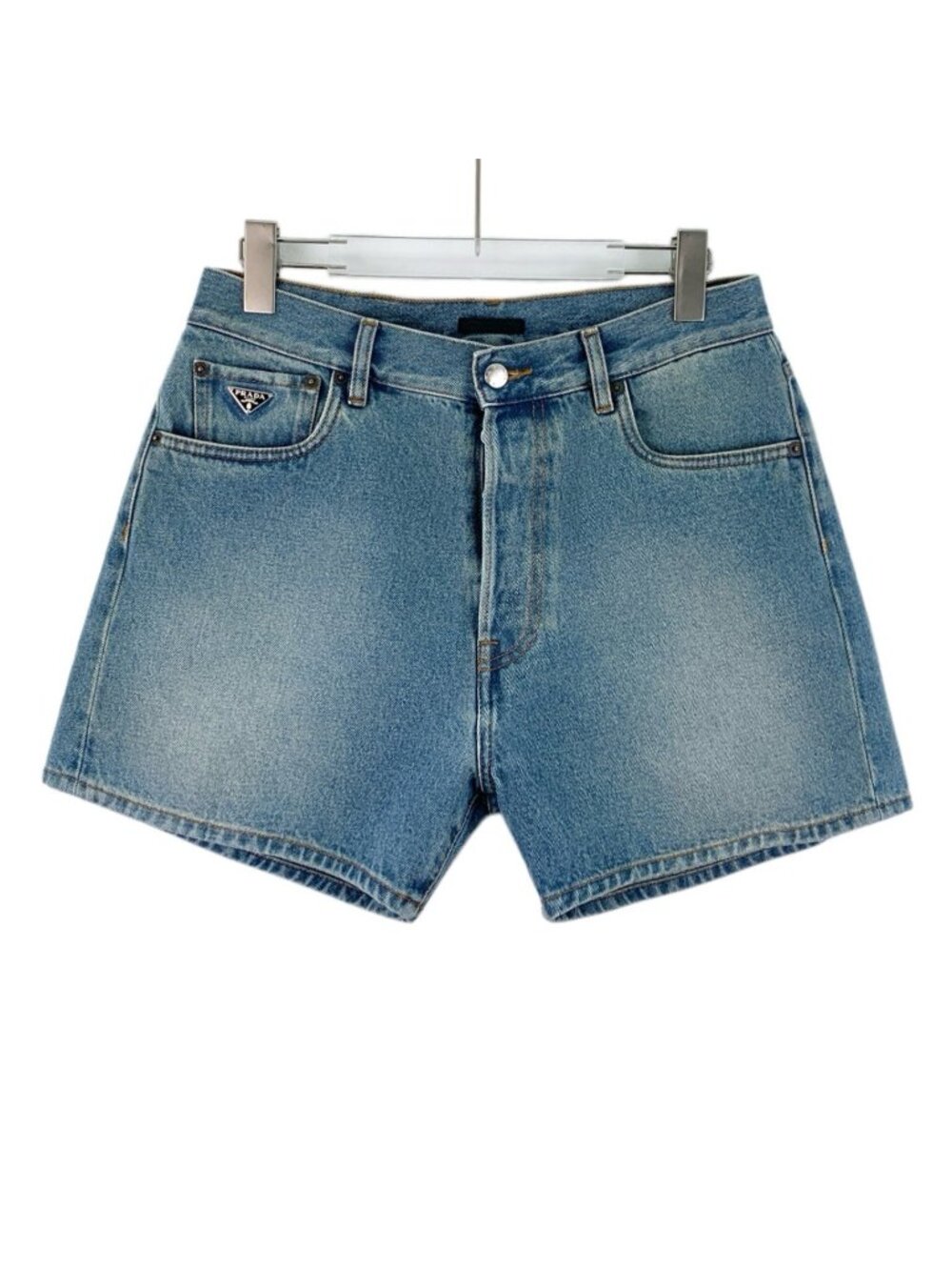 Prada Blue Washed Cotton Triangle Logo Denim Shorts
